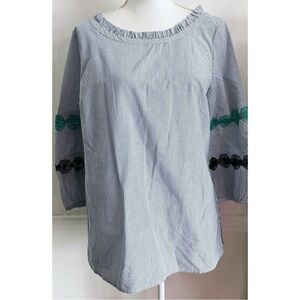 Talbots • Blue Seersucker with Crochet Accent Sleeve Blouse